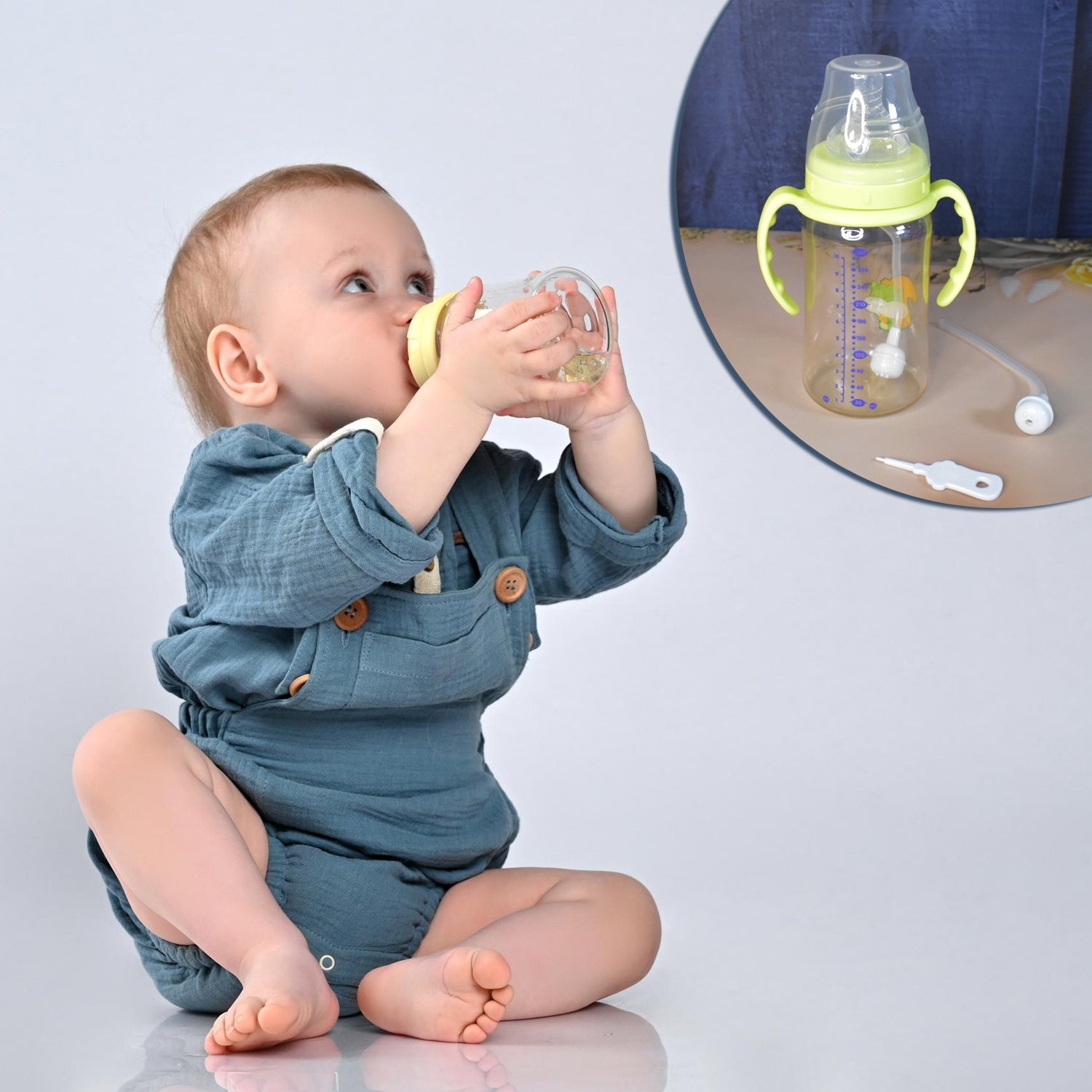 Plastic Baby Feeding Bottle with Handles, Cleaning brush & Straw (300 ML / 1 Pc) Plastic Baby Feeding Bottle with Handles, Cleaning brush & Straw (300 ML / 1 Pc)